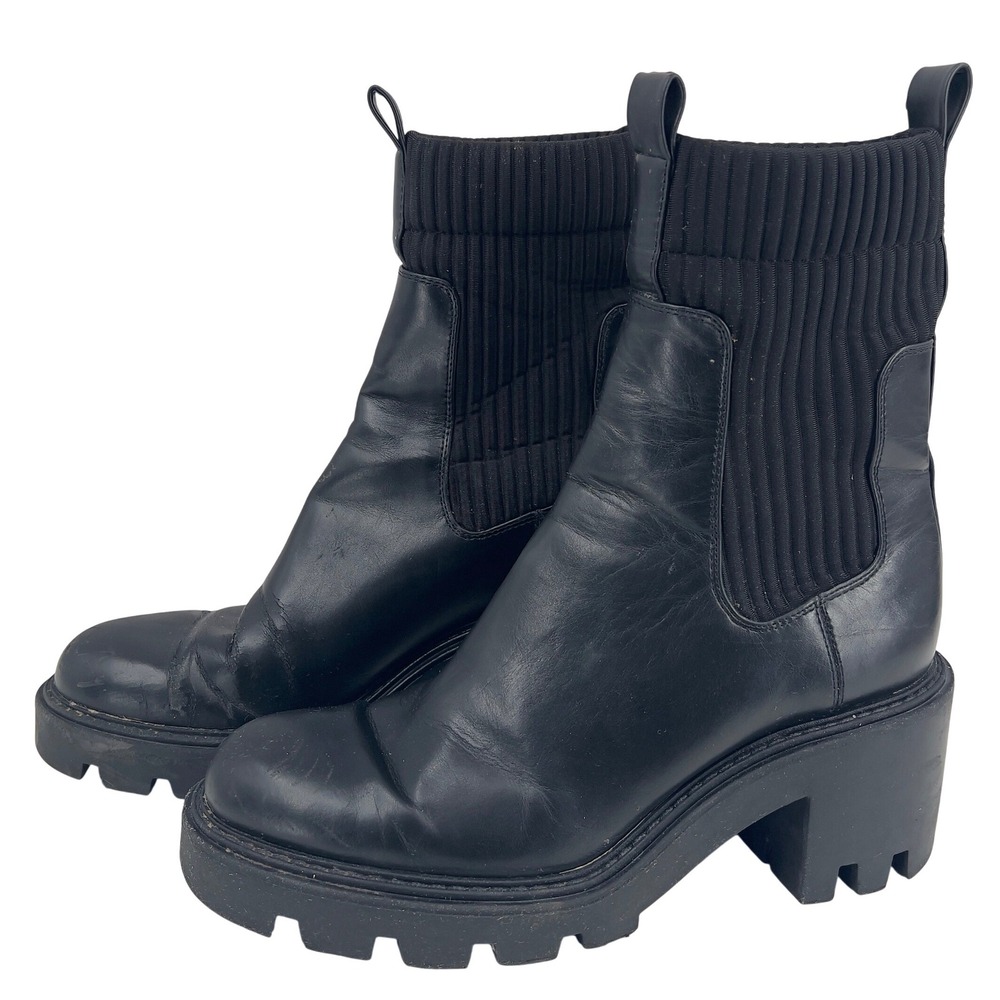 Zara Womens Ankle Boots Black Chunky Lug Sole Ribbed Knit Sock Boot EU 39 US 8